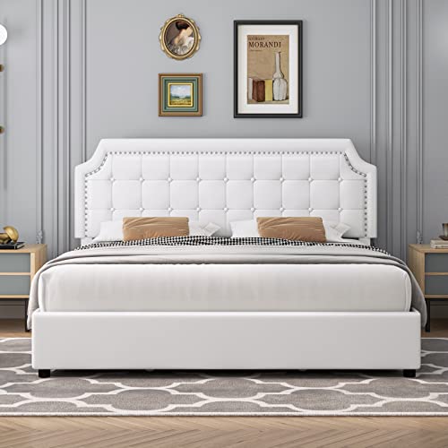Keyluv Upholstered Queen Bed Frame With 4 Storage Drawers, Platform Bed With Curved Button Tufted Headboard With Nailhead Trim, Solid Wooden Slats Support, No Box Spring Needed, Off White #TOP2