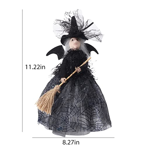 Halloween Witch Tree Topper Decoration, 11 Inch Handmade Black Witch With Spider Web Skirt, Flying Broom And Pointed Hat Ghost Gnomes For Desktop Fireplace Treetop Holiday Home Party Supplies #TOP4