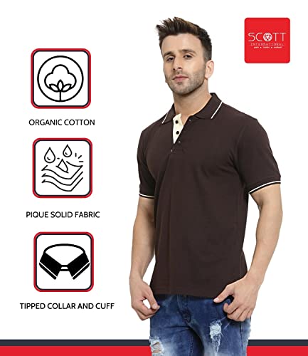 Image of Scott International Men's Regular Fit Half Sleeve Organic Cotton Polo T-Shirt (SS20-SP21-S Coffee Brown with White Small)