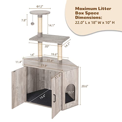 Scurrty Cat Litter Box Furniture Enclosure Hidden With Corner Cat Tree Combo, Cat Tower Corner Cat Litter Box, Self Cleaning Furniture Litter Box Kitty Litter Box (Greige) #TOP4