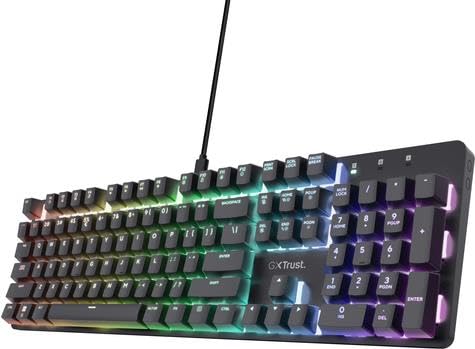 Trust GXT 871 Zora Tastiera meccanica Layout tedesco QWERTZ con illuminazione RGB, switch Huano lineari, N-Key Rollover Anti-Ghosting, Tastiera da gioco programmabile USB per PC Laptop