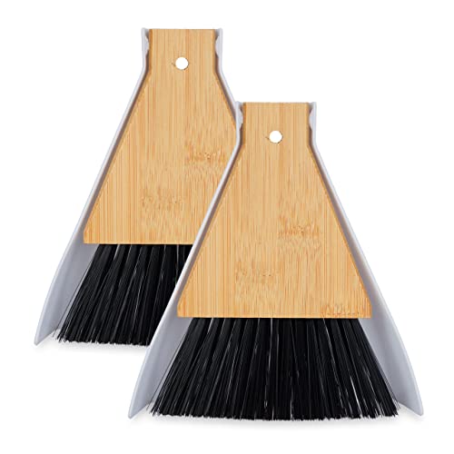 Relaxdays Set 2 Escobas Mesa y Recogedor, Recogemigas Mantel, Barredor Escritorio Bambú/Plástico, Colgante, Blanco/Negro