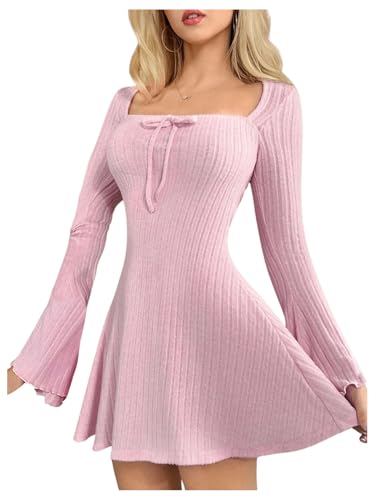WDIRARA Women's Bell Long Mini Dress Bow Front Square Neck A Line Knit Dresses XS Pink
