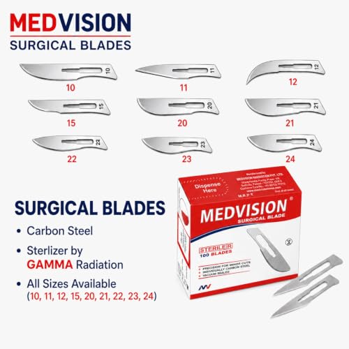 Image of Surgical Blades, 100 pieces sealed box, one complementary scalpel handle,sterilised by Gamma Radiation, made of carbon steel, single piece individually foil pack,ISI mark,made in India,surgeon /doctor scalpel blade for medical and industrial use, all sizes to choose from in options (15)