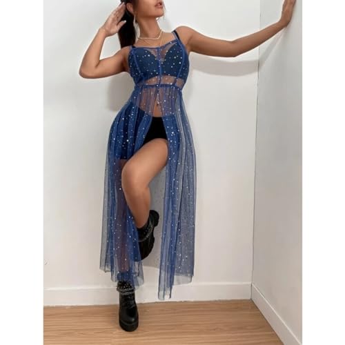 Maxi Dress, Women Sexy Mesh See Through Star Sequins Long Dress Sleeveless Backless Split Front Swing Dress Beach Swimsuit Cover Up Black4