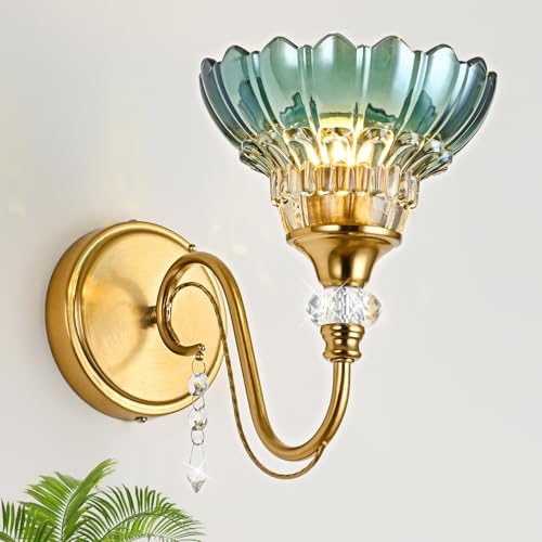 Image of 1 Piece Vintage Wall Sconce, 1-Light Brushed Gold Finish Wall Sconce with Hanging Crystal Accents and Flower-Shaped Teal Shades for Bathroom Bedroom Living Room,Vintage Vanity Light