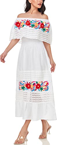 Image of YZXDORWJ Women Embroidered Mexican Peasant Casual Sexy Lace Off-Shoulder Long Dress