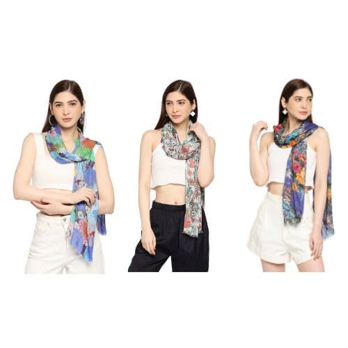 Multicolor Floral Printed Viscose Scarf For Women, Lightweight Soft Scarves Stoles for Summer & Winter (Size: 183 X 51 cm) || Pack of 3 ||-image-30