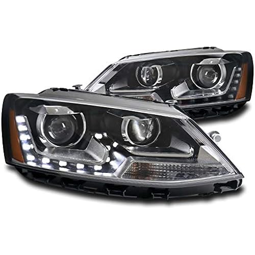 LED DRL Projector Headlights Headlamps Black Compatible with 2011-2017 Volkswagen Jetta