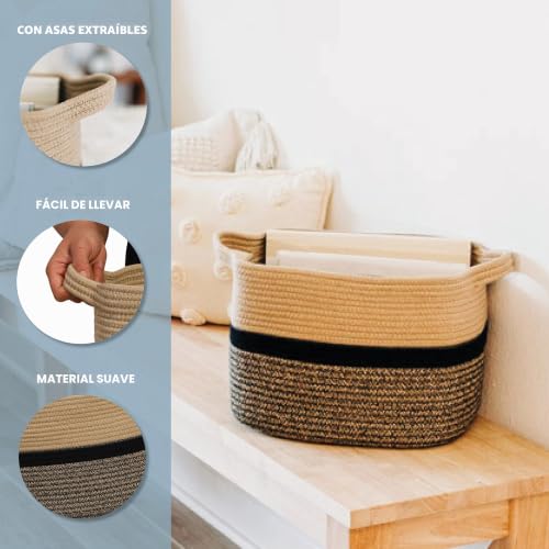 Cesta de cuerda de algodón trenzado decorativa en tonos negro y miel 3
