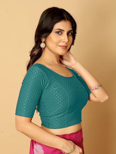 Image of Amazon Brand - Anarva Round Neck Dobby Cotton Lycra Stretchable Elbow Half Sleeve Readymade Saree Blouse for Women Stylish