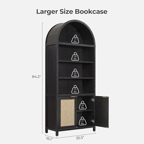 Image of SICOTAS 84.2 inch Tall Arched Bookcase with Doors - 5 Tier Rattan Bookshelf