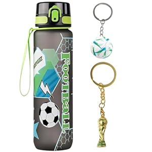 Trinkflasche Fußball mit Fußball Schlüsselanhänger, Plastik Trinkflasche 750ml, BPA Frei Sportflasche, Auslaufsicher Wasserflasche, für Fußballfans Weltfußballtag Geburtstagsgeschenk Jungen Mädchen