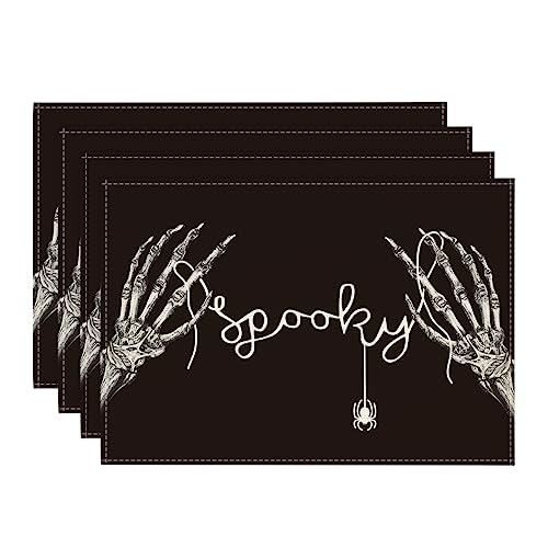 Artoid Mode Skeleton Hand Halloween Placemats Set of 4, 12x18 Inch Fall Floral Spider Table Mats for Party Kitchen Dining Decoration