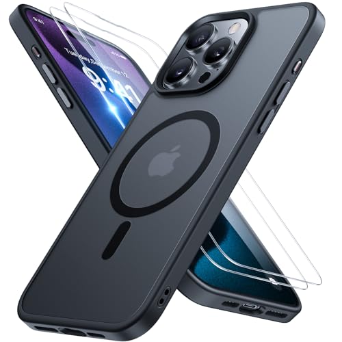 Image of Miracase Magnetic for iPhone 15 Pro Max Case 6.7 inch (Compatible with MagSafe)(with 2X Screen Protectors) Military-Grade Protection, Anti-Fingerprint Translucent Matte Phone Cover, Black
