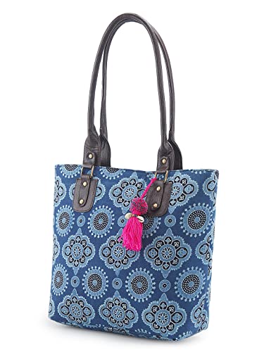 Image of NEPRI Office Pouch Tote Bag | Stylish Set of 2 Tote Bags for Women| Vegan Leather & Handblock Printed Fabric Handbag with Double Handle Shoulder Strap| Daily & Travel Use