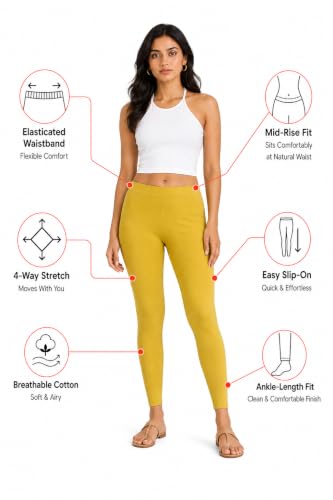 Image of Women's Cotton Lycra Ankle Length Leggings | Regular Rise, Soft 4 Way Stretch Fabric | Casual & Ethnic Wear