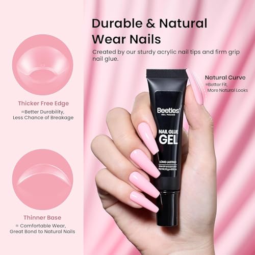 Image of Beetles Gel Nail Kit Long Coffin, with Dehydrator and Primer, 576Pcs Half Matte Etch-X Gel Nail Tips Solid Nail Glue Mini Lamp Acrylic Tips Easy DIY Extension Set Gift for Women
