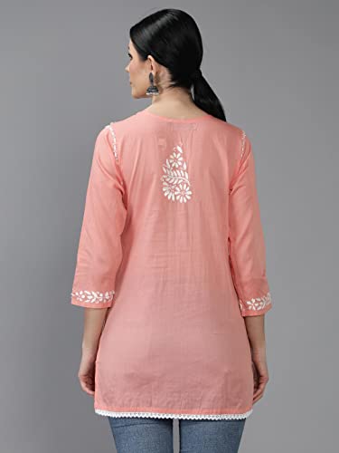 Image of Seva Chikan Hand Embroidered Lucknowi Chikankari Cotton Short Top Tunic for Women SCL9017