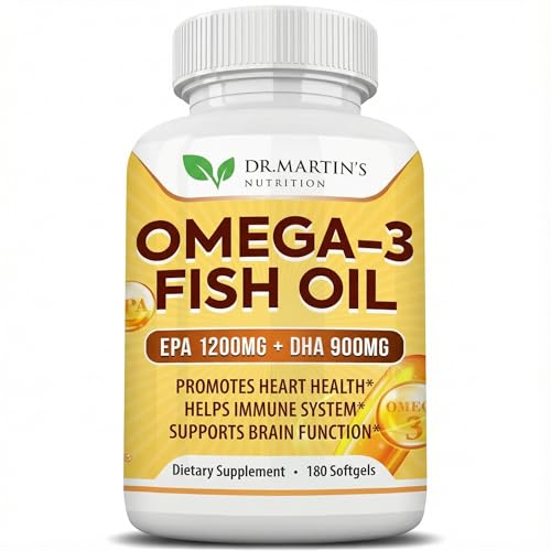 Omega 3 Fish Oil 3750mg Triple Strength | EPA 1200mg + DHA 900mg Fatty Acids | Fish Oil Omega 3 Supplement | Promotes Healthy Heart, Immune System, Eyes, Skin & Brain Function | 180 Burpless Softgels