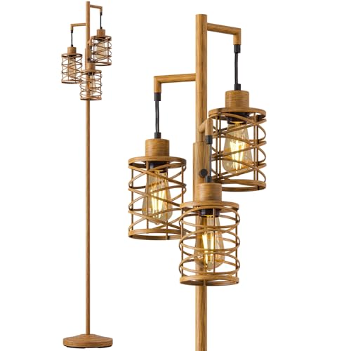 Image of Oneach 70 inch Industrial Floor Lamp, Stepless Dimmable Standing Lamp with 3 Bulbs, Farmhouse Corner Standing Tree Lamp for Living Room, Tall Lamps for Bedroom, Office, Study Room, Dining Room, Wood Grain
