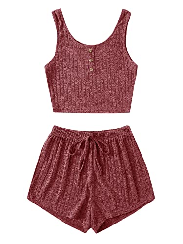 Image of SOLY HUX Women's Button Front Ribbed Knit Tank Top and Shorts Pajama Set Sleepwear Lounge Sets Plain Red L