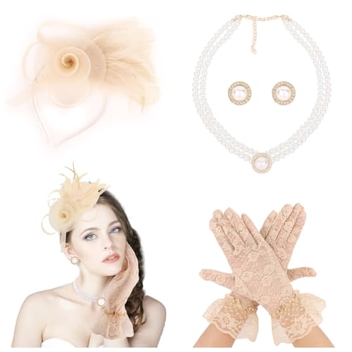 CIEHER 4 Pack Fascinators Hats for Women Tea Party, Kentucky Women Derby Hat Lace Gloves Double Pearl Jewelry Set (Earrings and Necklace) Mesh Ribbons Feathers Headband for Girls - Champagne (Style 1)