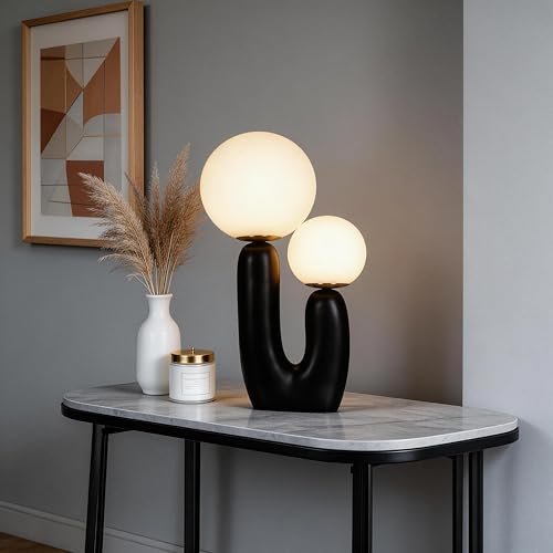 Lámpara de mesa negra moderna con base de resina y vidrio esmerilado