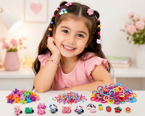 Image of Plutify (190) Pcs Rakshabandhan gift for sister kids Baby Girl Hair Accessories Combo for Kids & Toddlers - 120 Soft Elastic Hair Bands, 10 Cartoon Clips, 20 Mini Claw Clips, 30 Hair Beads ties & 10 Fruit Tic Tac Clips | Cute Multicolor Hair Accessories Set for Girls | (0-5 Years) (Rainbow, Fruity)