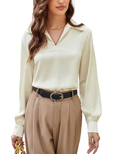 GRACE KARIN Business Casual Tops for Women Satin Silk Blouse Collared V Neck Long Sleeve Work Shirts Dressy Tops Fall Clothes