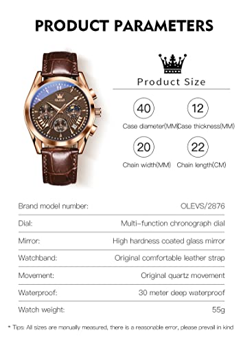 Image of OLEVS Watches for Men Original Analog Quartz Stylish Brown Leather Luxury Business Chronograph Waterproof Date Mens Wrist Watch