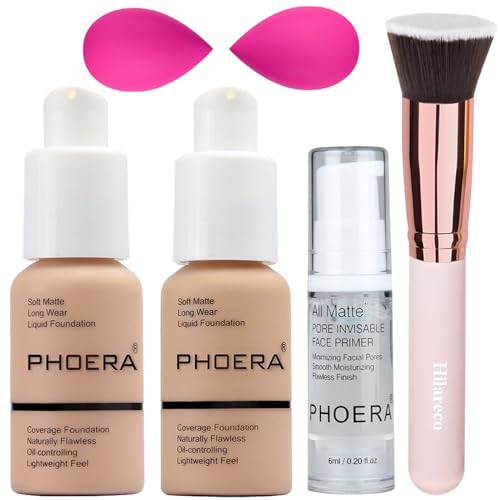 PHOERA Foundation, PHOERA Maquillaje para mujeres, base líquida mate PHOERA con cobertura total, base PHOERA Corrector (103 Warm Peach+104 Buff Beige)