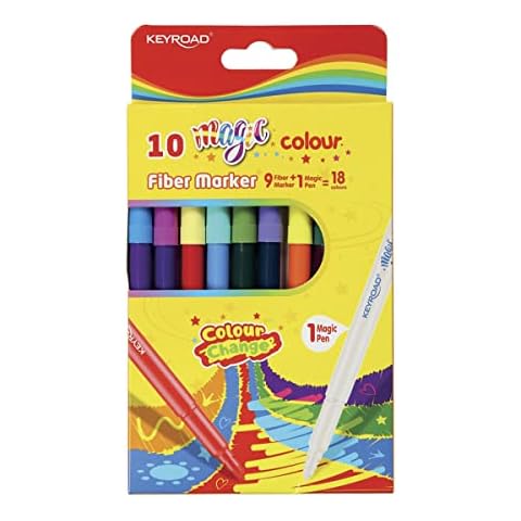 KEYROAD Magic Colour School Felt-Tip Pens / Pack of 9 / 1 / 18 Colours / Fibre-Tip Pens / with Hanging Hole for Adults and Children / Perfect for School Work / Child Safe Cover