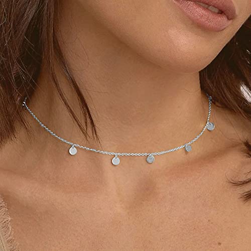 Luxval 14K Silver Solid Gold Choker Necklaces For Women Coin Charm Choker Gold Disc Choker Disc Dangle Necklace Dangle Coin Necklace 17" #TOP3