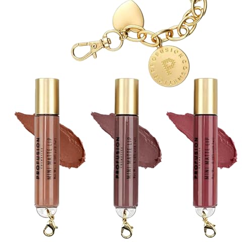 Profusion Cosmetics Charming Lips 3 PC Mini Matte Lipgloss Set with Keychain - Long-Wearing, Non-Drying Formula, Smooth Application & Rich Colour Payoff
