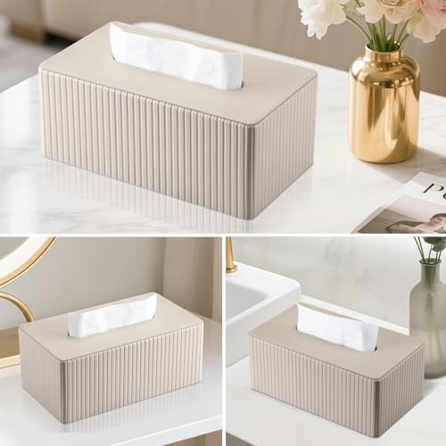 KINGFOM PU Leather Tissue Box Cover Rectangular Tissue Box Holder with Magnetic Bottom, Napkin & Facial Tissue Holder Dispenser for Home, Office for Standard 120-count/160-count (2-Ply) Beige Stripe by KINGFOM - Image 6