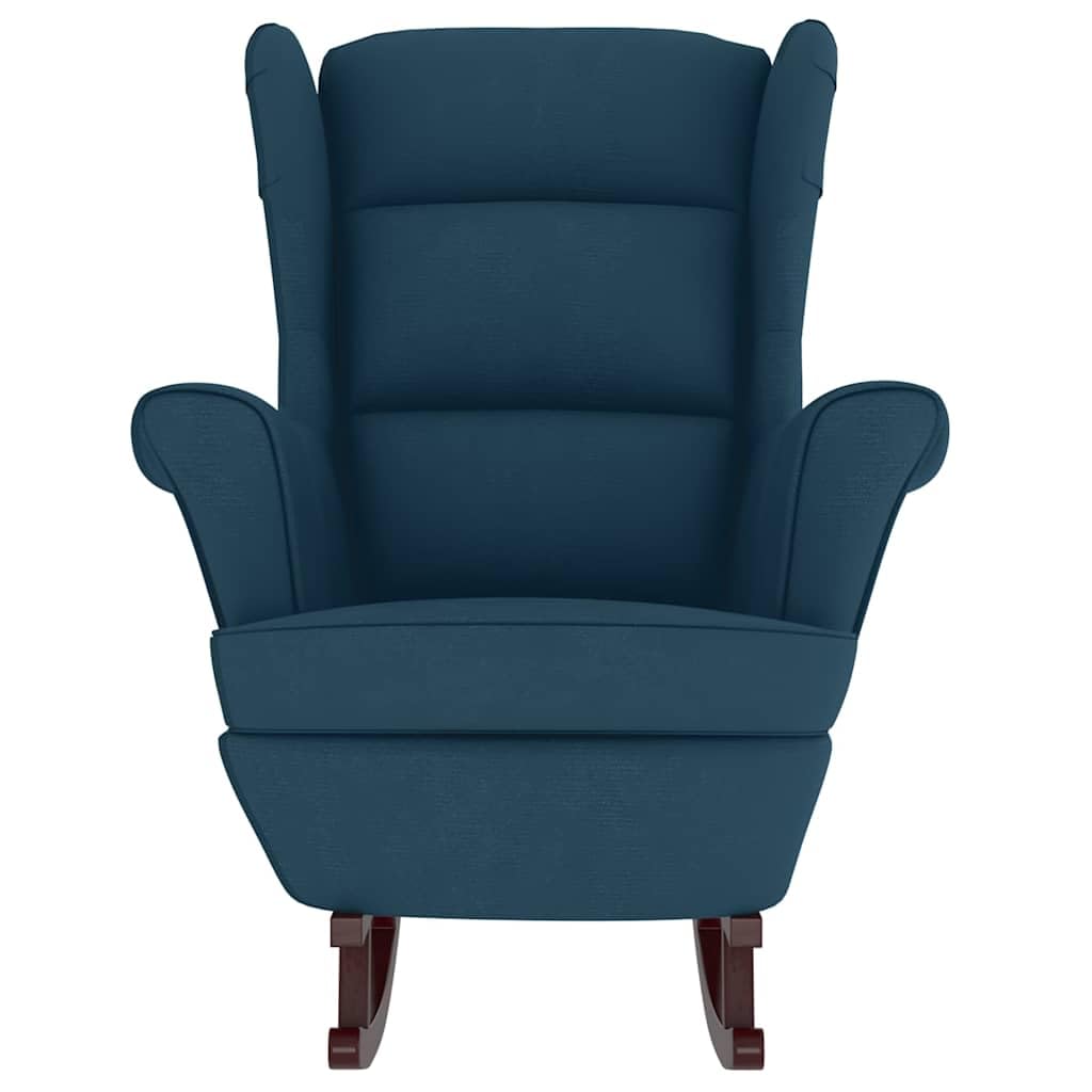 Sedia a dondolo con orecchie in velluto blu con seduta e schienale imbottiti, pattini in legno massiccio dell'albero della gomma, sedia a dondolo ergonomica per soggiorno, camera da letto