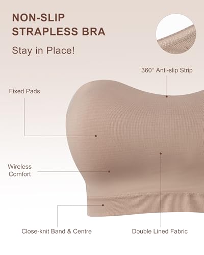 OceanDeer Strapless Bras Non-Slip Padded Bandeau Bra with Clear Straps Wireless Tube Top Full Coverage Bralette 3 Pack, Neutral, M