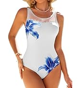 Pink Queen Women One Piece Swimsuit Crew Neck Mesh Sheer Tummy Control Swimwear Bathing Suit