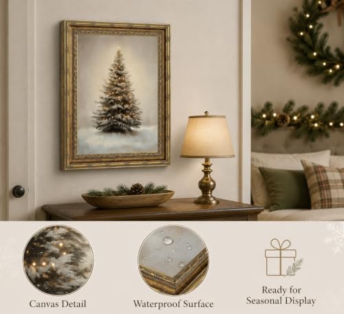 Vintage Christmas Wall Art Snowy Tree Gold-Tone Framed Canvas Decor 12x16in by SJETZTXI - Used condition - Image 3