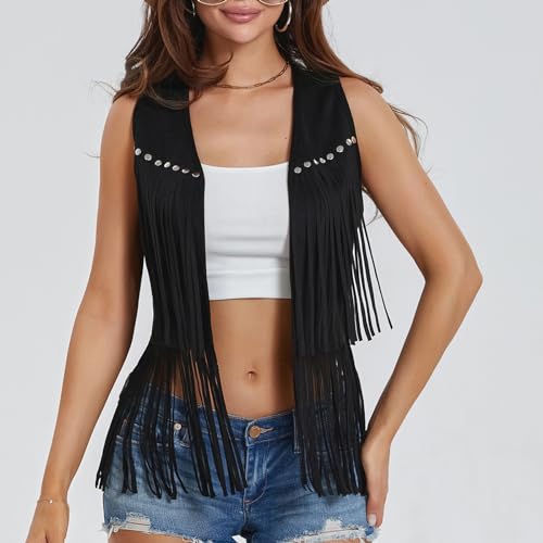 Women Tassel Vest 70s Hippie Faux Suede Rivets Sleeveless Fringe Waistcoat Open Front Boho Western Jacket Cardigan3