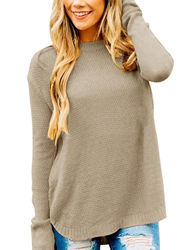 MEROKEETY Women's Long Sleeve Oversized Crew Neck Solid Color Knit Pullover Sweater Tops Khaki