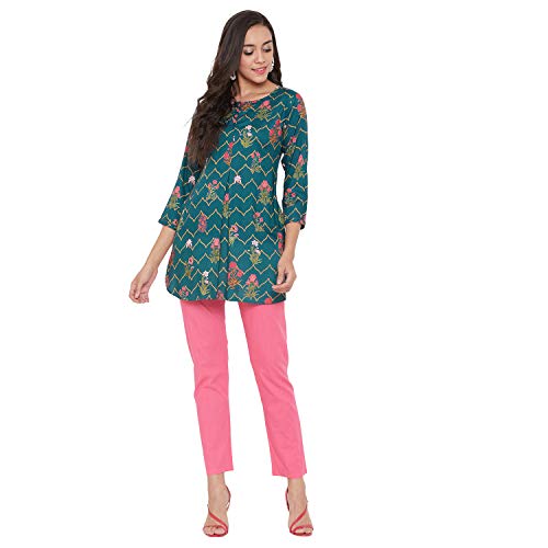 Image of Tissu Women's Green & Pink Floral Printed Kurti