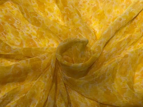 Tissu mousseline de soie jaune imprimé abstrait 111cm de large pour couture
