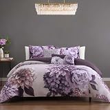 Bebejan Plum Petal 5 Piece Comforter Set, 100% Cotton Sateen, 220 Thread Count, Purple Floral Reversible Bedding Comforter Set, 1 Comforter, 2 Shams & 2 Pillows (King/Cal King)