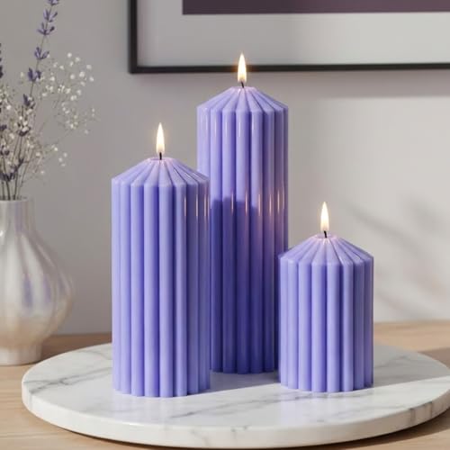 Purple Ribbed Pillar Candles Set of 3 - Lavender...