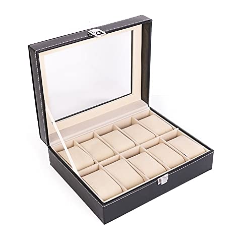 10 rejillas caja de reloj de cuero PU relojes vitrina joyería titular organizador de almacenamiento con cerradura