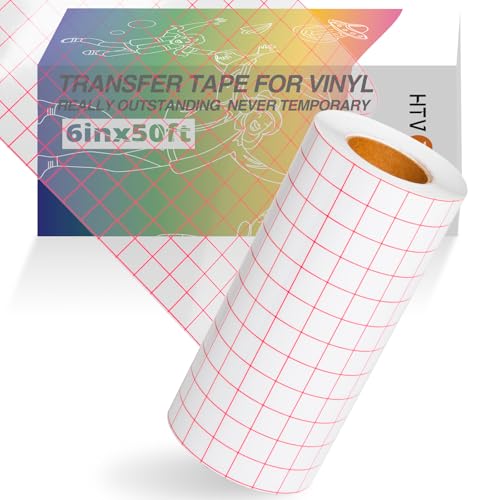 HTVRONT Clear Vinyl Transfer Paper Tape Roll 6' x 50 Feet Clear w/Red Alignment Grid - Application Transfer Tape Perfect for Self Adhesive Vinyl for Signs Stickers Decals Walls Doors & Windows