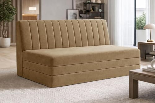 Image of 3-Seater Floor Sofa Cum Bed Modern Velvet Fabric Folding Couch for Living Room, Guest Room & Small Spaces-Golden