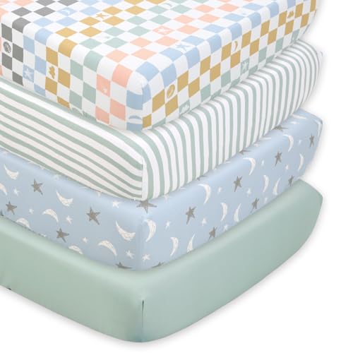 Image of The Peanutshell 4-Pack Celestial Checkered Baby Crib Sheets for Boys Girls Gender Neutral Fitted Crib Sheet for Standard Crib and Toddler Mattress, Breathable Soft Baby Sheet Bed Room Essentials Green